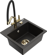 Mexen Milo Granitspüle 1-Becken mit Küchenarmatur Duo, Schwarz/Gold Metallic - 6505-75-671701-57-G