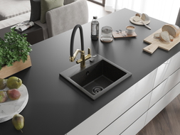 Mexen Milo Granitspüle 1-kammerig mit Küchenarmatur Duo, schwarz/gold metallic - 6505-75-671701-57-B