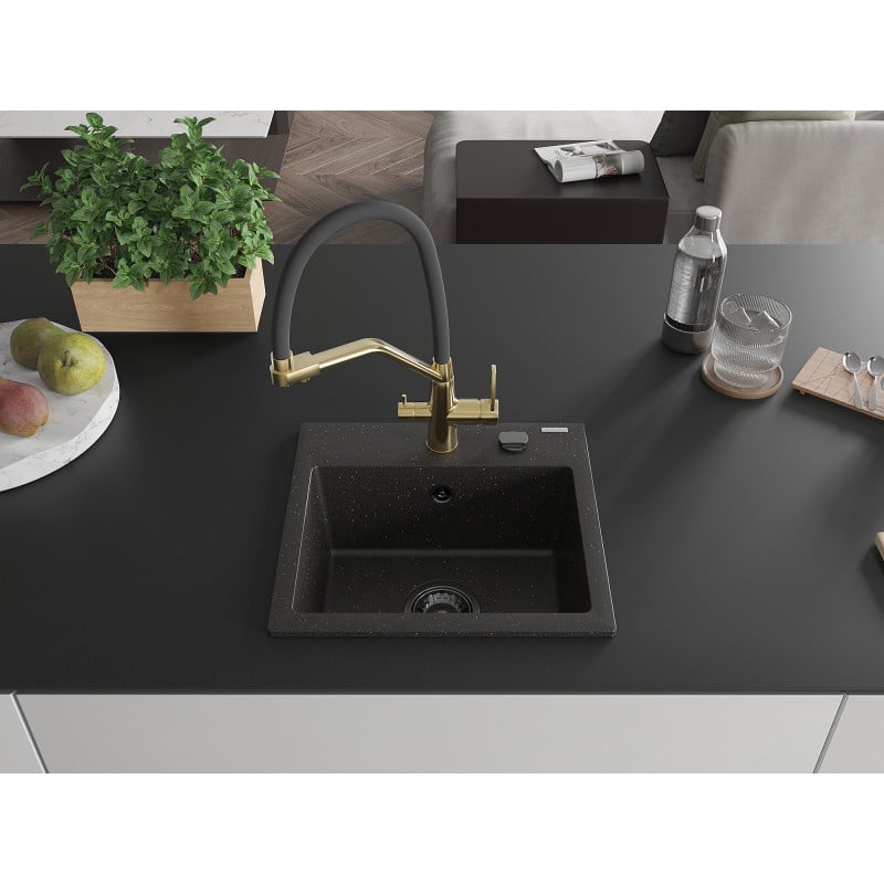Mexen Milo Granitspüle 1-kammerig mit Küchenarmatur Duo, schwarz/gold metallic - 6505-75-671701-57-B