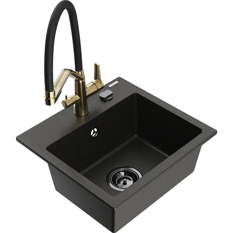 Mexen Milo granit Spüle 1-Kammer mit Küchenarmatur Duo, schwarz/gold metallic - 6505-75-671701-57-B