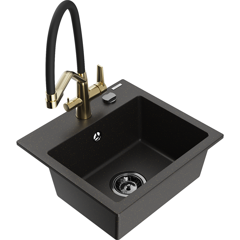 Mexen Milo Granitspüle 1-kammerig mit Küchenarmatur Duo, schwarz/gold metallic - 6505-75-671701-57-B