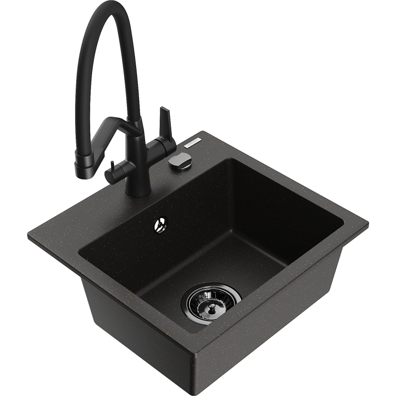 Mexen Milo Granitspüle 1-Becken mit Küchenarmatur Duo, schwarz/gold metallic - 6505-75-671701-70-B