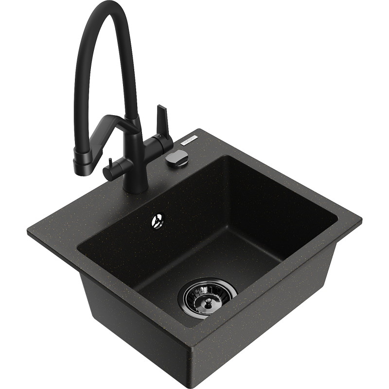 Mexen Milo Granitspüle 1-Becken mit Küchenarmatur Duo, schwarz/gold metallisch - 6505-75-671701-70-B