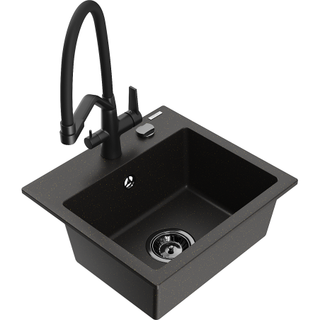 Mexen Milo Granitspüle 1-Becken mit Küchenarmatur Duo, schwarz/gold metallic - 6505-75-671701-70-B