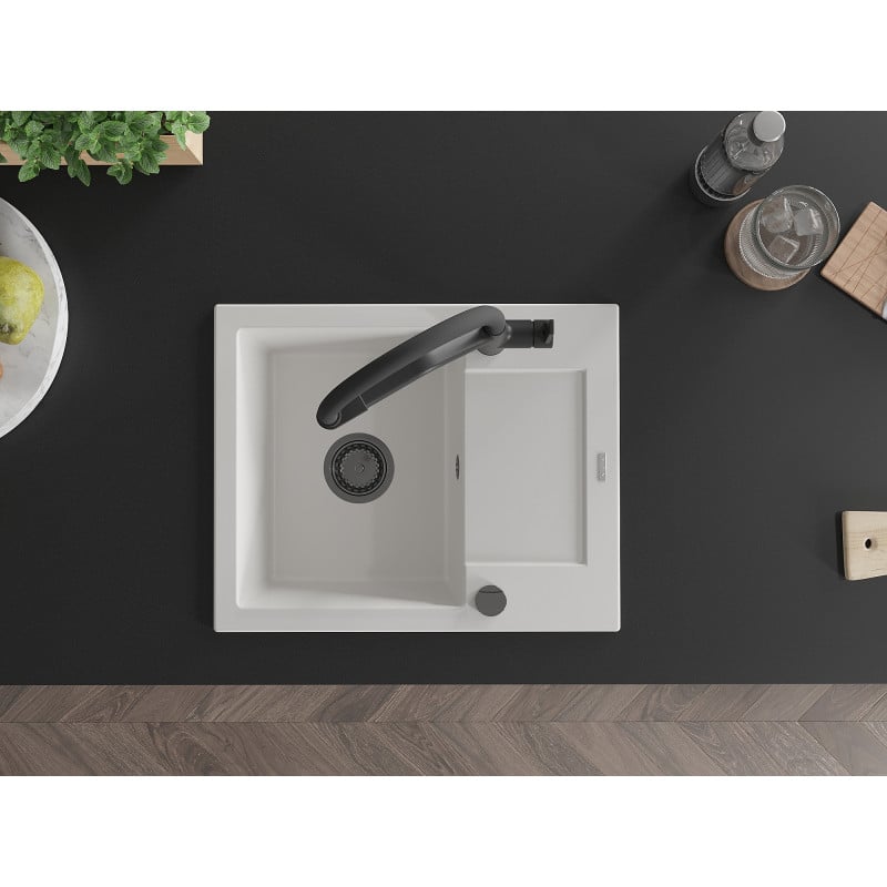 Mexen Enzo Granitspüle 1-beckig mit Abtropffläche und Küchenarmatur Duo, weiß - 6506-20-671701-70-B