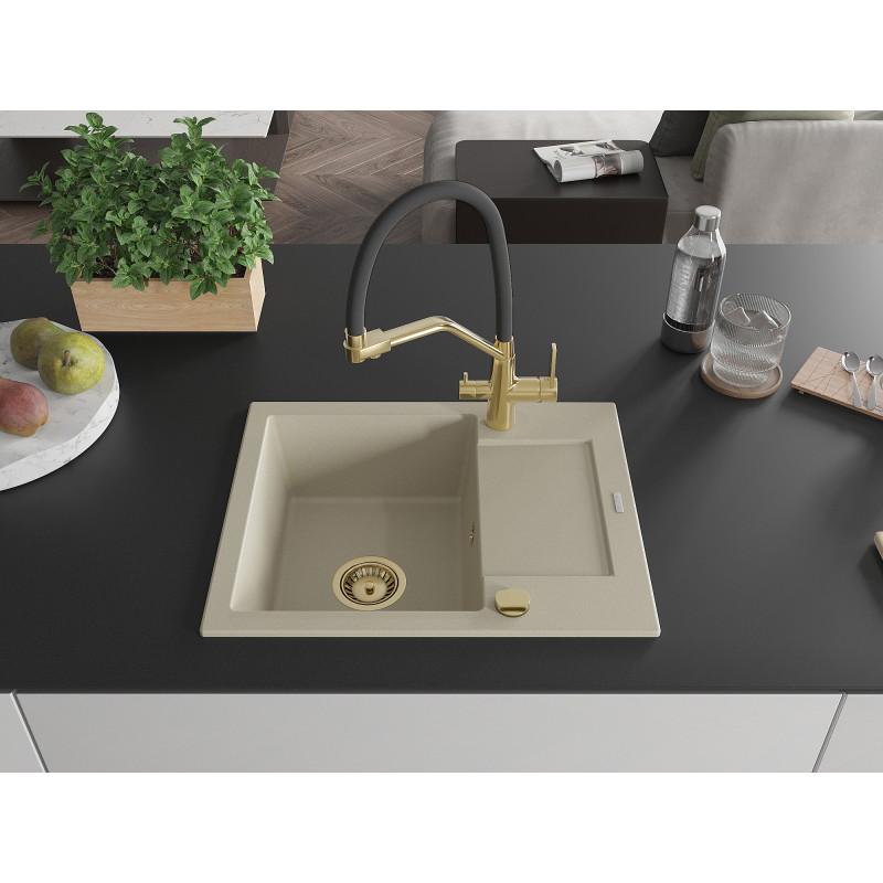 Mexen Enzo Granitspüle 1-Becken mit Abtropffläche und Küchenarmatur Duo, beige - 6506-69-671701-57-G