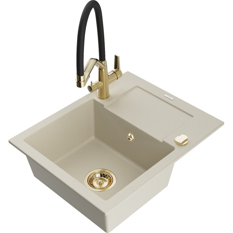 Mexen Enzo Granitspüle 1-Becken mit Abtropffläche und Küchenarmatur Duo, beige - 6506-69-671701-57-G