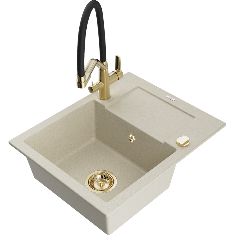 Mexen Enzo Granitspüle 1-beckig mit Abtropffläche und Küchenarmatur Duo, beige - 6506-69-671701-57-G