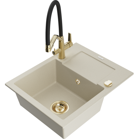 Mexen Enzo Granitspüle 1-Becken mit Abtropffläche und Küchenarmatur Duo, beige - 6506-69-671701-57-G