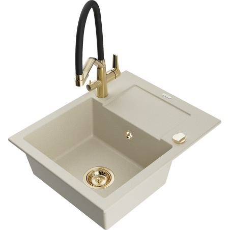 Mexen Enzo Granitspüle 1-beckig mit Abtropffläche und Küchenarmatur Duo, beige - 6506-69-671701-57-G