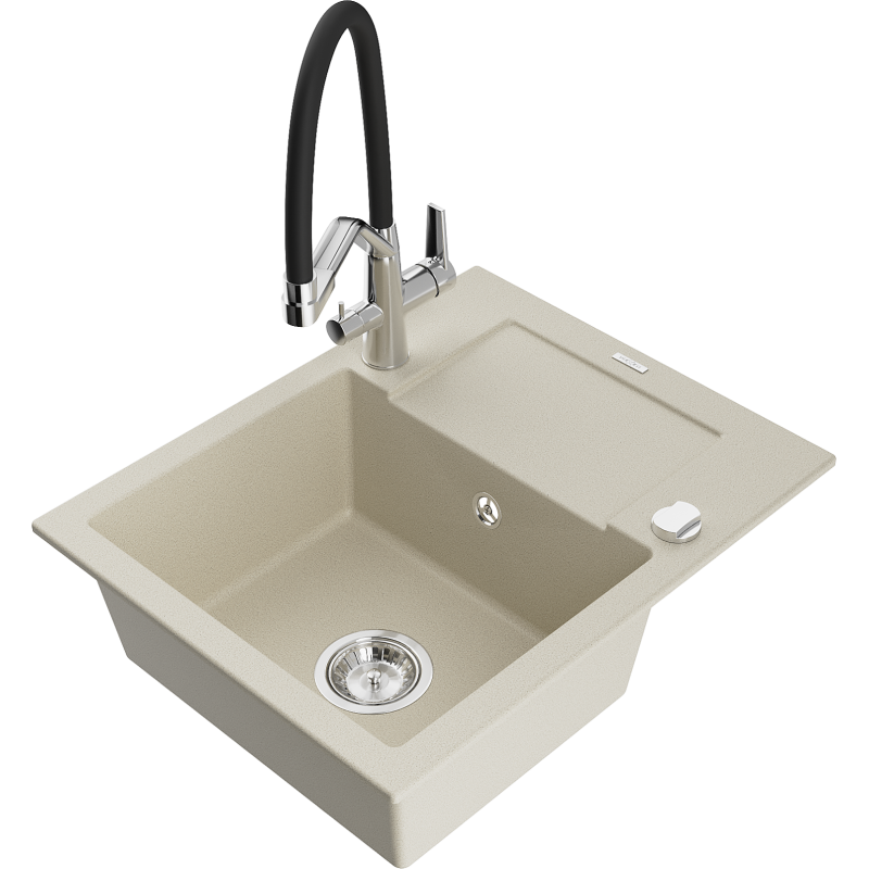 Mexen Enzo Granitspüle 1-Becken mit Abtropffläche und Küchenarmatur Duo, beige - 6506-69-671701-07
