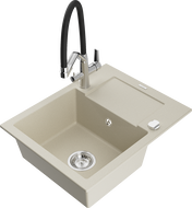 Mexen Enzo Granitspüle 1-Becken mit Abtropffläche und Küchenarmatur Duo, beige - 6506-69-671701-07