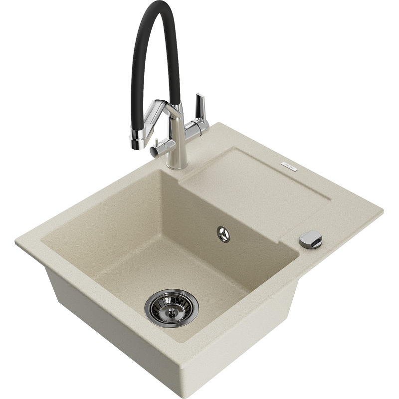Mexen Enzo Granitspüle 1-Becken mit Abtropffläche und Küchenarmatur Duo, beige - 6506-69-671701-07-B