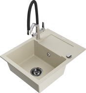 Mexen Enzo Granitspüle 1-Becken mit Abtropffläche und Küchenarmatur Duo, beige - 6506-69-671701-07-B