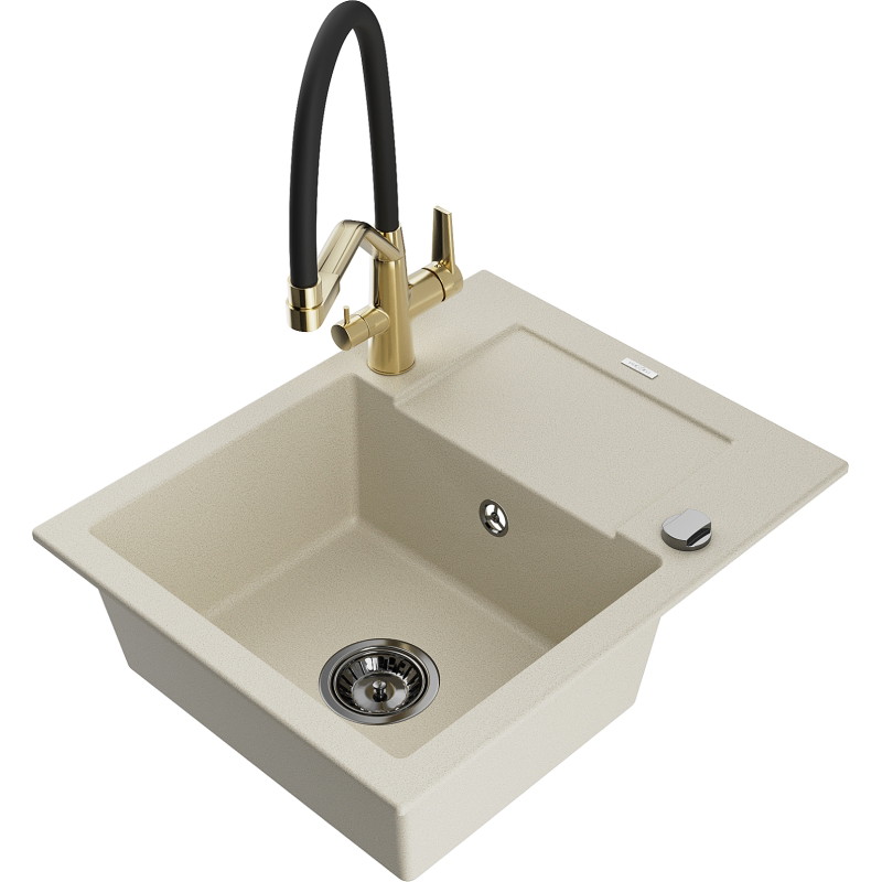Mexen Enzo Granitspüle 1-becken mit Abtropfer und Küchenarmatur Duo, beige - 6506-69-671701-57-B