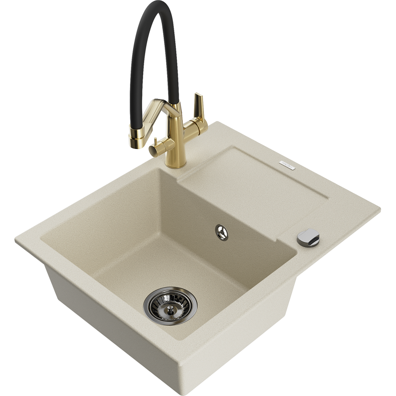 Mexen Enzo Granitspüle 1-Becken mit Abtropffläche und Küchenarmatur Duo, beige - 6506-69-671701-57-B