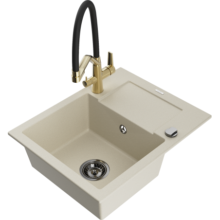 Mexen Enzo Granitspüle 1-becken mit Abtropfer und Küchenarmatur Duo, beige - 6506-69-671701-57-B