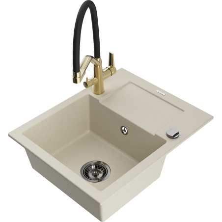 Mexen Enzo Granitspüle 1-Becken mit Abtropffläche und Küchenarmatur Duo, beige - 6506-69-671701-57-B