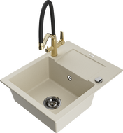 Mexen Enzo Granitspüle 1-Becken mit Abtropffläche und Küchenarmatur Duo, beige - 6506-69-671701-57-B