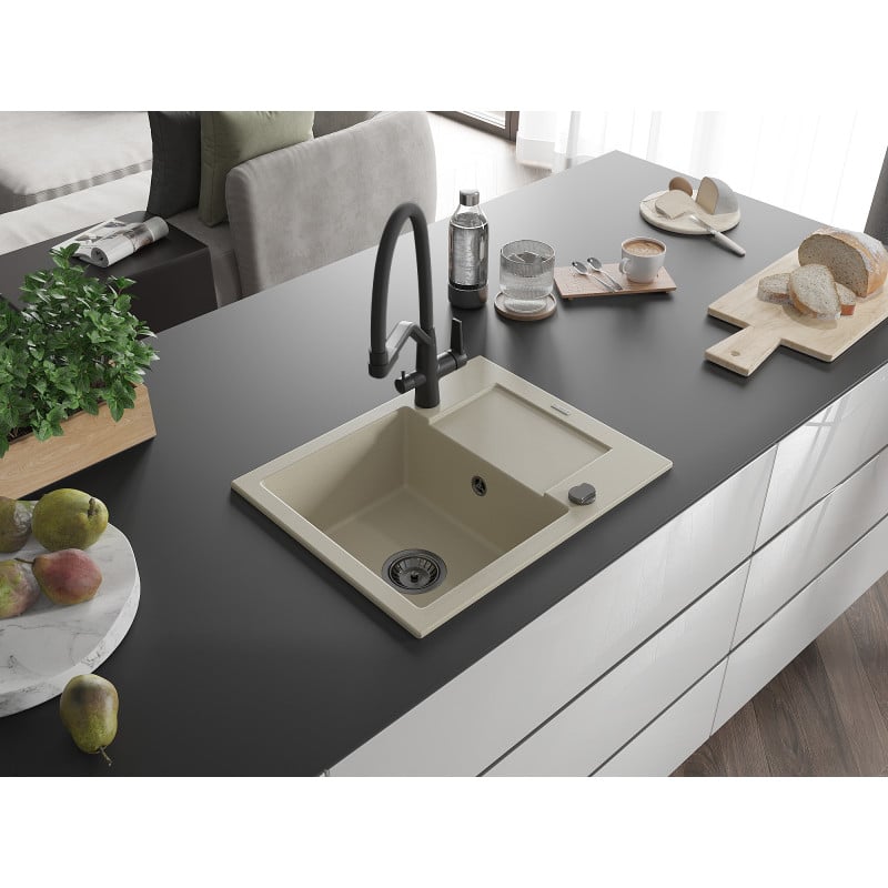 Mexen Enzo Granitspüle 1-Becken mit Abtropffläche und Küchenarmatur Duo, beige - 6506-69-671701-70-B