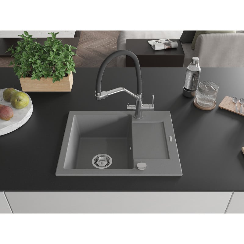 Mexen Enzo Granitspüle 1-beckig mit Abtropffläche und Küchenarmatur Duo, grau - 6506-71-671701-07