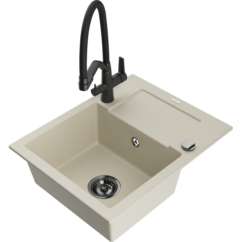 Mexen Enzo Granitspüle 1-Becken mit Abtropffläche und Küchenarmatur Duo, beige - 6506-69-671701-70-B