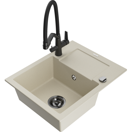 Mexen Enzo Granitspüle 1-Becken mit Abtropffläche und Küchenarmatur Duo, beige - 6506-69-671701-70-B