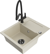 Mexen Enzo Granitspüle 1-Becken mit Abtropffläche und Küchenarmatur Duo, beige - 6506-69-671701-70-B
