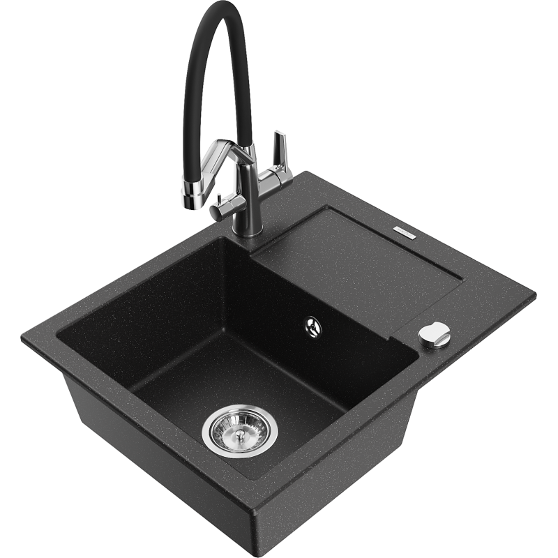 Mexen Enzo Granitspüle 1-Becken mit Abtropffläche und Küchenarmatur Duo, schwarz/silber Metallic - 6506-73-671701-07