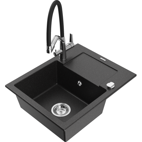 Mexen Enzo Granitspüle 1-Becken mit Abtropffläche und Küchenarmatur Duo, schwarz/silber Metallic - 6506-73-671701-07