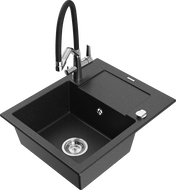Mexen Enzo Granitspüle 1-Becken mit Abtropffläche und Küchenarmatur Duo, schwarz/silber Metallic - 6506-73-671701-07