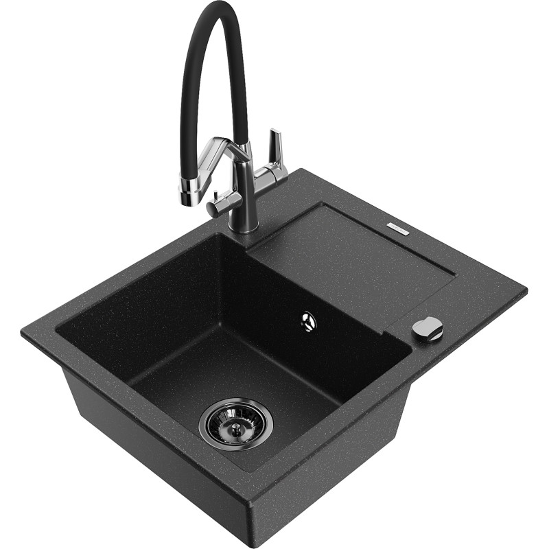Mexen Enzo Einzelbecken Granitspüle mit Abtropffläche und Küchenarmatur Duo, schwarz/silber-metallic - 6506-73-671701-07-B