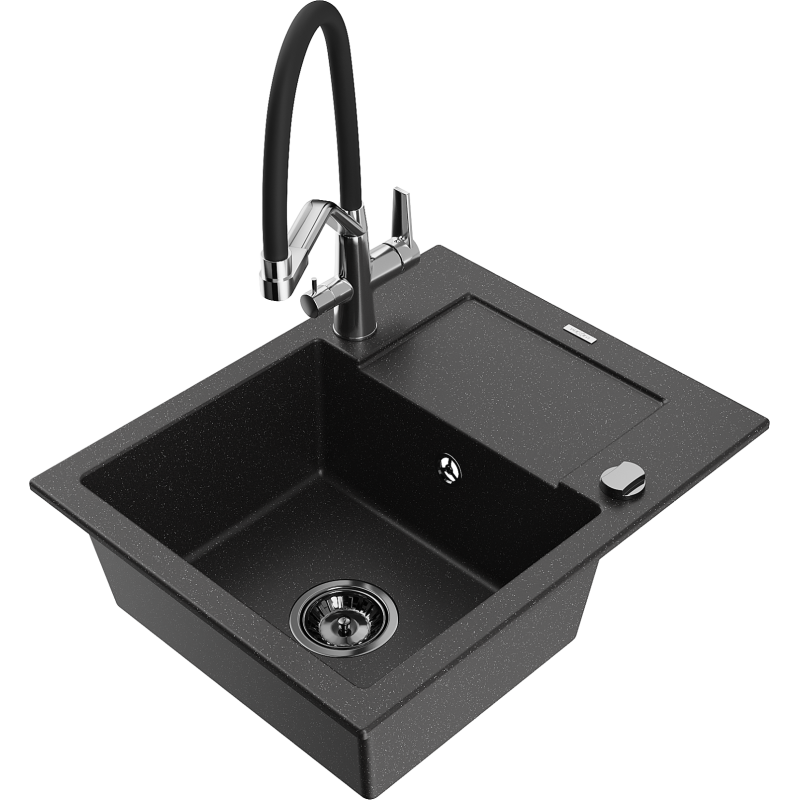 Mexen Enzo Granitspüle 1-Becken mit Abtropffläche und Küchenarmatur Duo, schwarz/silberner Metallic - 6506-73-671701-07-B
