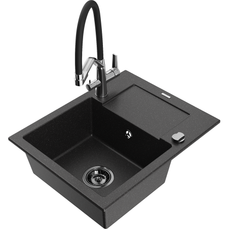 Mexen Enzo Einbeckiger Granitspülbecken mit Abtropffläche und Küchenarmatur Duo, schwarz/silber metallic