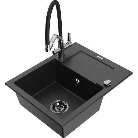 Mexen Enzo Granitspüle 1-Becken mit Abtropffläche und Küchenarmatur Duo, schwarz/silberner Metallic - 6506-73-671701-07-B
