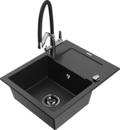 Mexen Enzo Granitspüle 1-Becken mit Abtropffläche und Küchenarmatur Duo, schwarz/silberner Metallic - 6506-73-671701-07-B