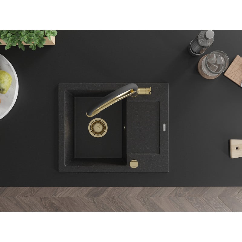 Mexen Enzo Granitspüle mit 1 Becken, Abtropffläche und Küchenarmatur Duo, schwarz/silber metallic - 6506-73-671701-57-G