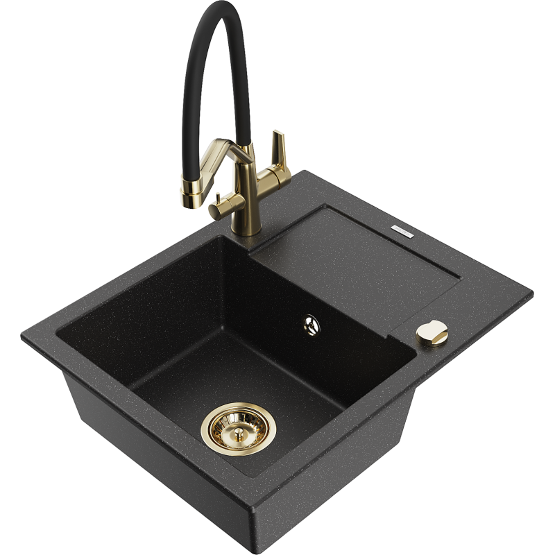 Mexen Enzo Granitspüle mit 1 Becken, Abtropffläche und Küchenarmatur Duo, schwarz/silber metallic - 6506-73-671701-57-G