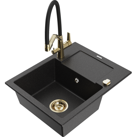 Mexen Enzo Granitspüle mit 1 Becken, Abtropffläche und Küchenarmatur Duo, schwarz/silber metallic - 6506-73-671701-57-G