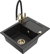 Mexen Enzo Granitspüle mit 1 Becken, Abtropffläche und Küchenarmatur Duo, schwarz/silber metallic - 6506-73-671701-57-G