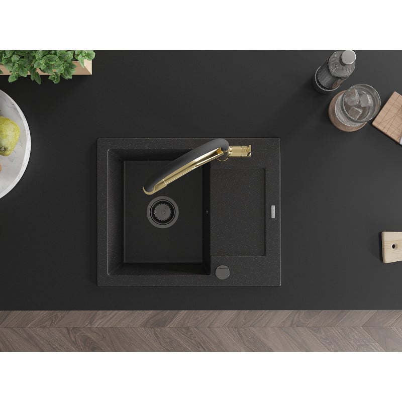 Mexen Enzo Granitspüle 1-Kammer mit Abtropffläche und Küchenarmatur Duo, schwarz/silber-metallic - 6506-73-671701-57-B