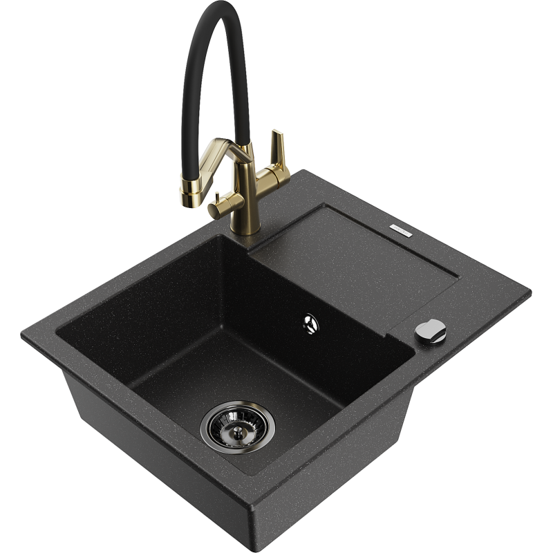 Mexen Enzo Granitspüle 1-Kammer mit Abtropffläche und Küchenarmatur Duo, schwarz/silber-metallic - 6506-73-671701-57-B