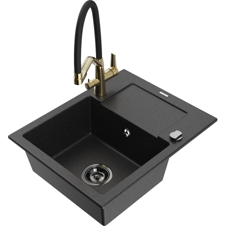 Mexen Enzo Granitspüle 1-Becken mit Abtropffläche und Küchenarmatur Duo, schwarz/silber metallic - 6506-73-671701-57-B