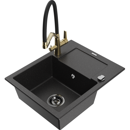 Mexen Enzo Granitspüle 1-Kammer mit Abtropffläche und Küchenarmatur Duo, schwarz/silber-metallic - 6506-73-671701-57-B