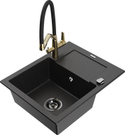 Mexen Enzo Granitspüle 1-Kammer mit Abtropffläche und Küchenarmatur Duo, schwarz/silber-metallic - 6506-73-671701-57-B