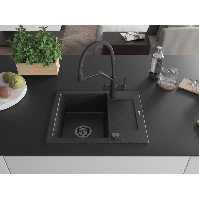 Mexen Enzo Granitspüle 1-Becken mit Abtropffläche und Küchenarmatur Duo, schwarz/silber metallic - 6506-73-671701-70-B
