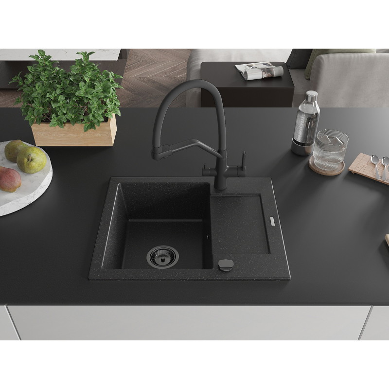 Mexen Enzo granitspüle mit 1 Becken, Abtropffläche und Küchenarmatur Duo, schwarz/silber metallic - 6506-73-671701-70-B