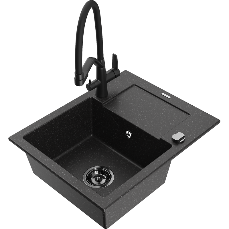 Mexen Enzo Granitspüle 1-Becken mit Abtropffläche und Küchenarmatur Duo, schwarz/silber metallic - 6506-73-671701-70-B