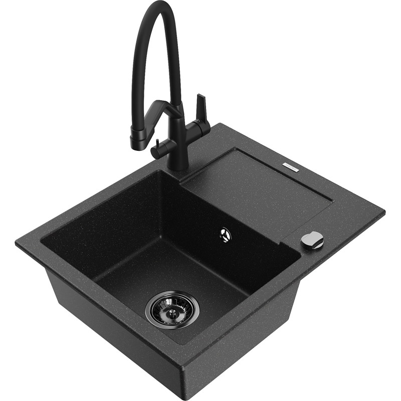 Mexen Enzo granitspüle mit 1 Becken, Abtropffläche und Küchenarmatur Duo, schwarz/silber metallic - 6506-73-671701-70-B