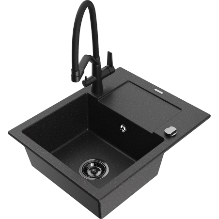 Mexen Enzo Granitspüle 1-Becken mit Abtropffläche und Küchenarmatur Duo, schwarz/silber metallic - 6506-73-671701-70-B